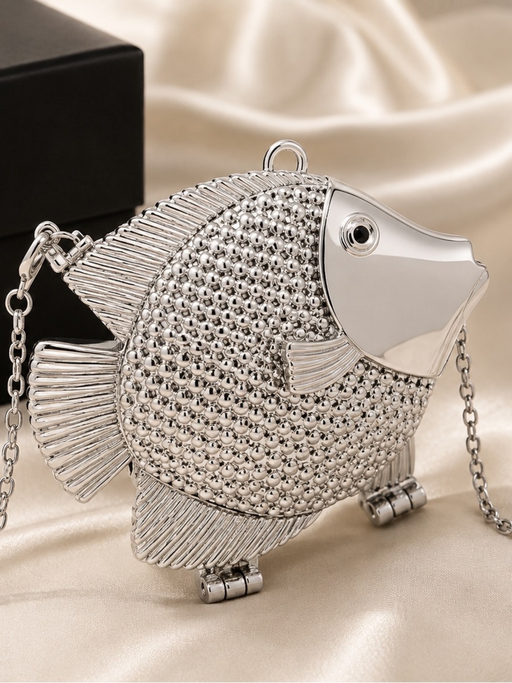 Silver Fish Shape Crossbody Bag Metallic Novelty Purse Chain Statement Handbag